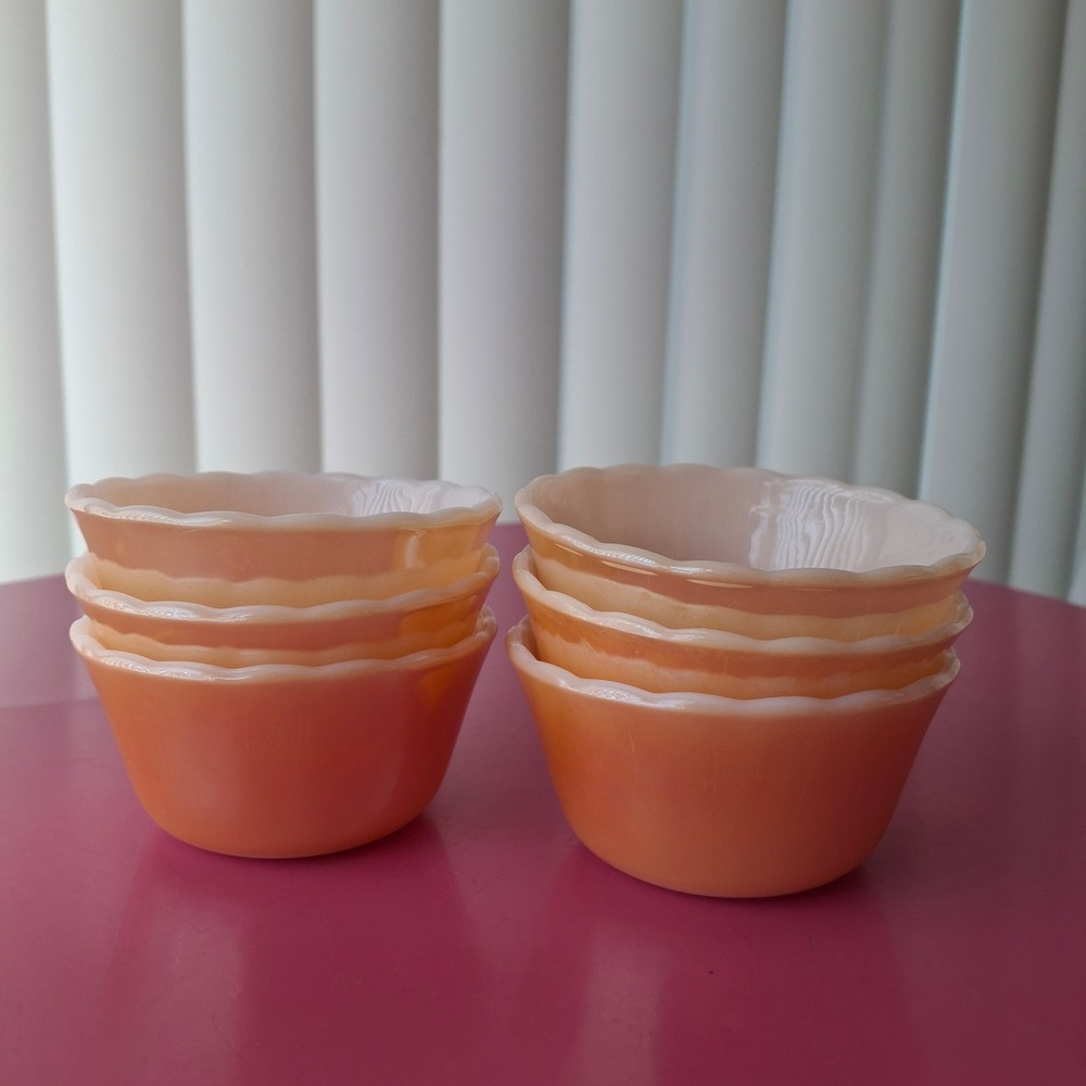 Fire-King Peach Lustre Scalloped Milk Glass Custard Cups Ramekins Set of 6